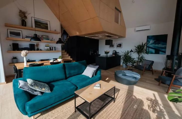 The living area consists of the kitchen, dining room and living room