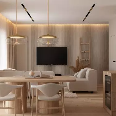 Minimalist walnut wood furniture, an island with a countertop in a natural finish and lamps over the table create a cohesive whole