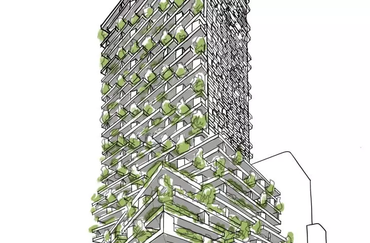 Zielony wieżowiec Wonderwoods w Utrechcie, Holandia – szkic projektu 