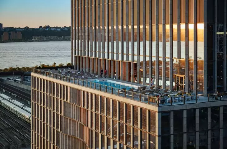 The 35 Hudson Yards skyscraper in New York City - terraces, shrinking and multiplying with height, bring public spaces from street level to higher floors