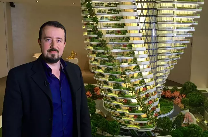 Architect Vincent Callebaut at the Tao Zhu Yin Yuan skyscraper model 