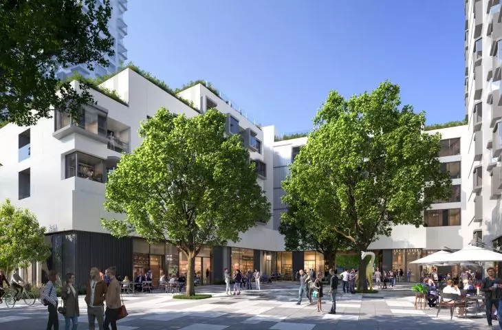 Tencent P5 residential complex in Shenzhen - the areas between the towers, full of trees and alleys, are to balance the vertical development, creating a harmonious landscape