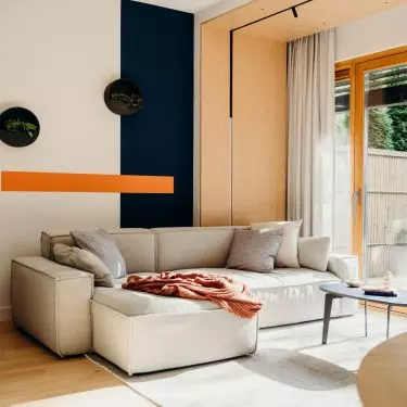 The focal point of the living area is a comfortable gray sofa