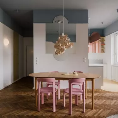 A colorful ceiling is a simple way to add variety to an arrangement