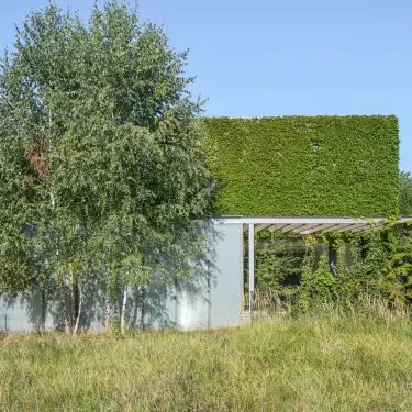 Part of the upper floor is covered by a green facade