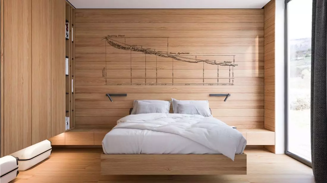 Apartament narciarza - sypialnia z inspirowaną górami grafiką