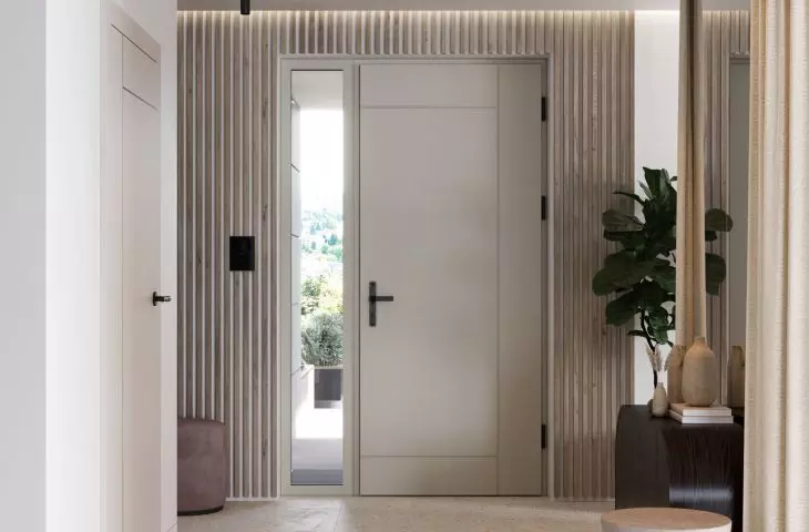 PORTA THERMO LINE exterior door model L.6 in Beige Gray, PORTA UNI COLOR MODERN interior door model I.1 with black inlays in Cashmere Matt color