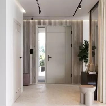 PORTA THERMO LINE exterior door model L.6 in Beige Gray, PORTA UNI COLOR MODERN interior door model I.1 with black inlays in Cashmere Matt color