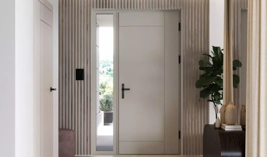 Drzwi zewnętrzne PORTA THERMO LINE model L.6 w kolorze Beżowy Szary, drzwi wewnętrzne PORTA UNI KOLOR MODERN model I.1 z czarnymi intarsjami w kolorze Kaszmir Matt