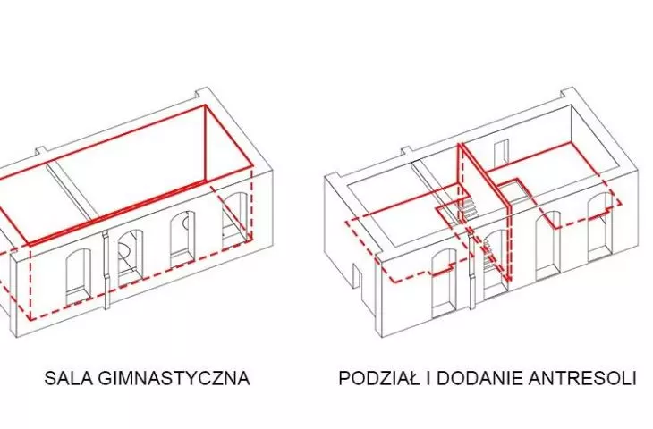 Two residential units were separated from the open space of the former gymnasium