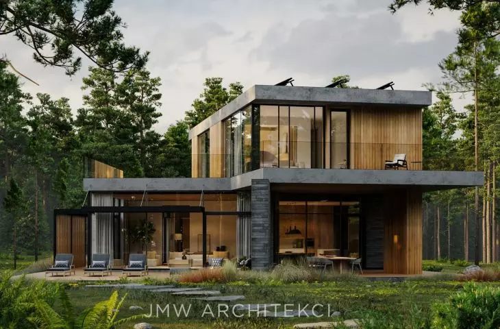 The house consists of three interpenetrating blocks of varied form and function