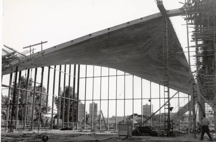 Hyparschale in Magdeburg - built on the east bank of the Elbe River, the hall was to serve as a multifunctional center - from exhibitions to sports events