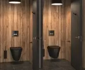 Black wall-hung toilet from DELABIE and TEMPOFLUX 3 tankless flush system in black glass from DELABIE