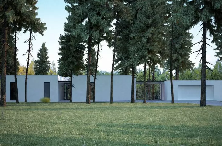 Villa Forest (project visualizations) - the front elevation is almost entirely white, with few glazings 