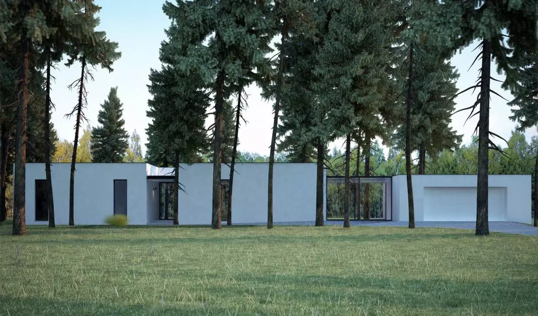 Willa Leśna (wizualizacje projektu) – elewacja frontowa jest niemal w całości biała, z nielicznymi przeszkleniami 