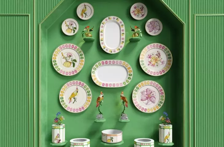Porcelain is decorated with motifs of tropical birds, fruits and flowers 