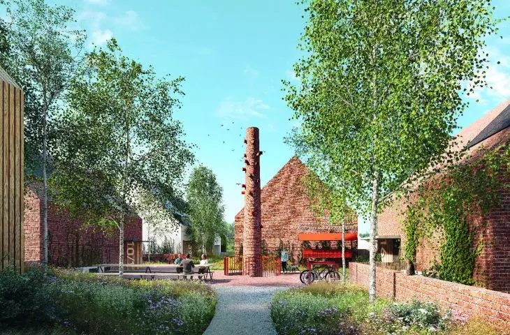 the common space was designed by the architects in the central part of the estate; it is also here that an unusual chimney will be located, which is the ventilation of the garage hall