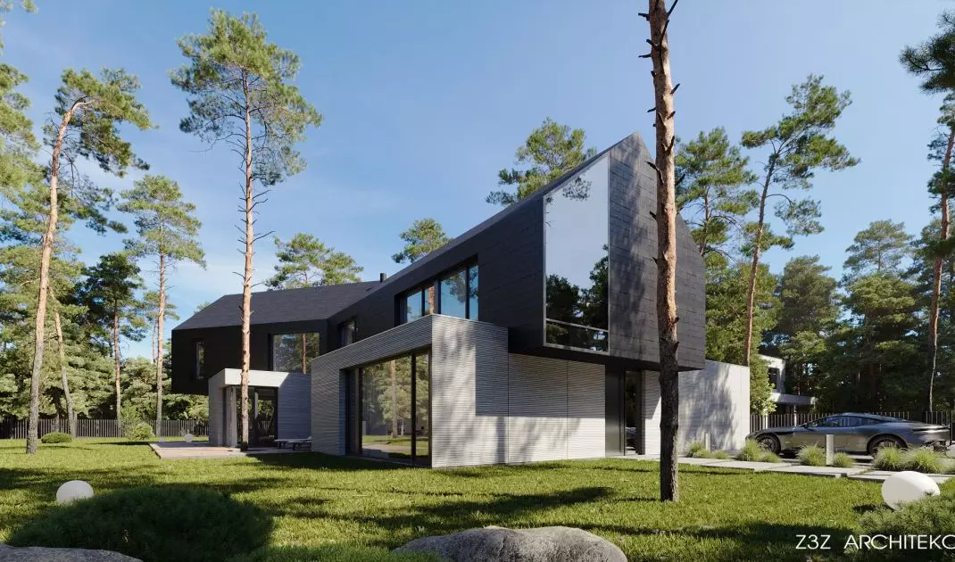 Projekt domu jednorodzinnego „Wstęga między sosnami” (wizualizacje) – bryła budynku będzie przenikać się z leśnym otoczeniem, szanując walory krajobrazowe działki