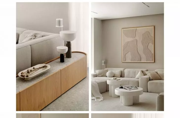 The dominant element of the living room is a large ivory-colored sofa