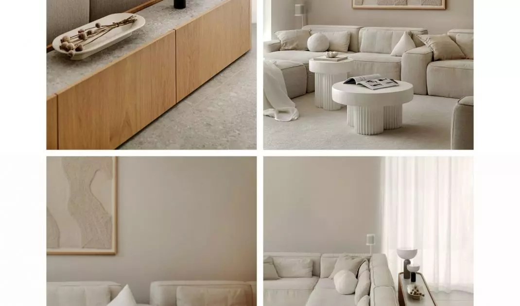 The dominant element of the living room is a large ivory-colored sofa