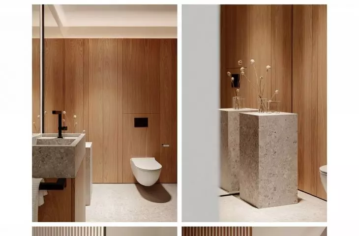 The base of the arrangement is a combination of natural materials and muted colors