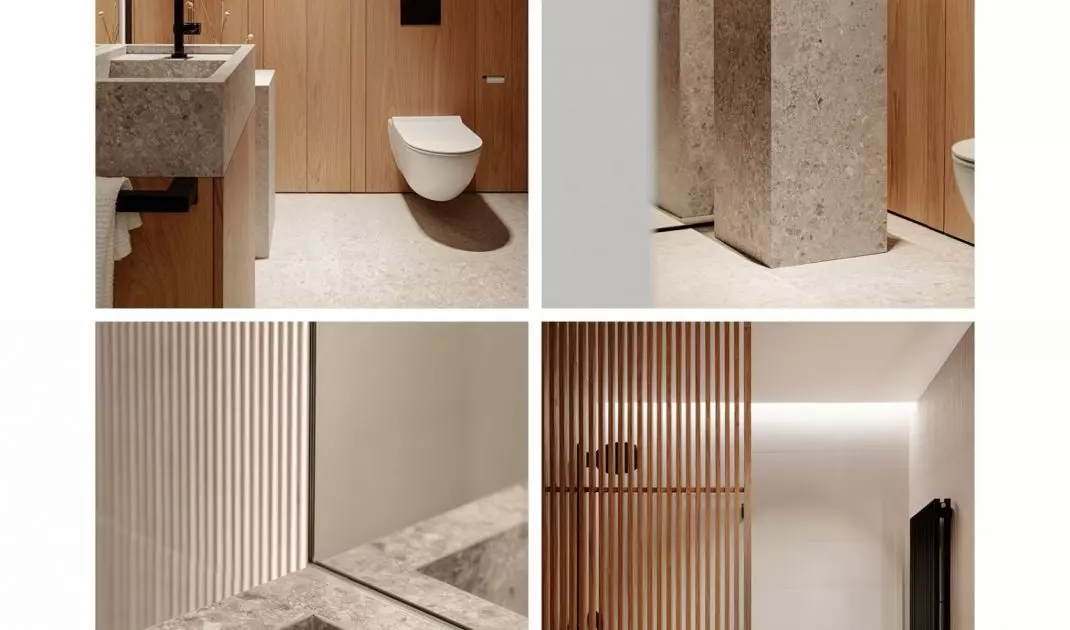 The base of the arrangement is a combination of natural materials and muted colors