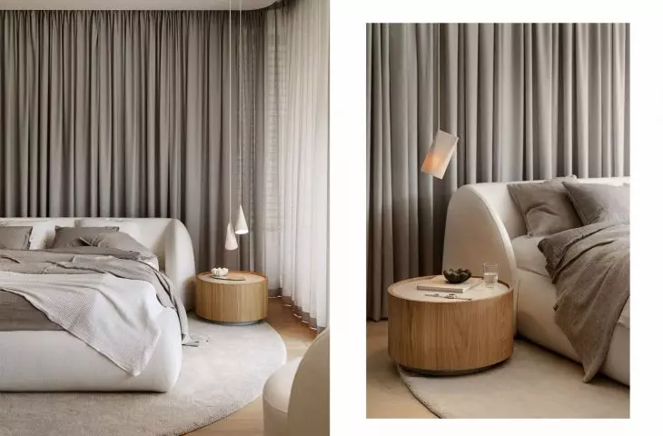 Soft lines and neutral shades were used to arrange the bedroom