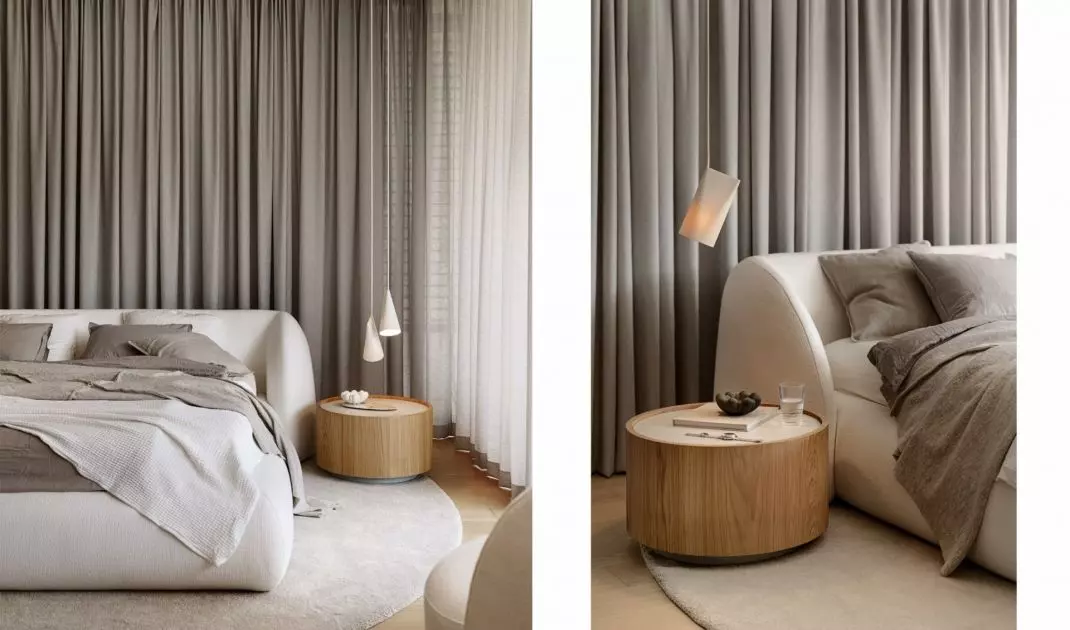 Soft lines and neutral shades were used to arrange the bedroom