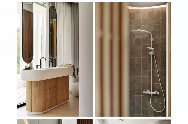 The arrangement of the bathroom adjacent to the bedroom is a consistent stylistic continuation of the interior