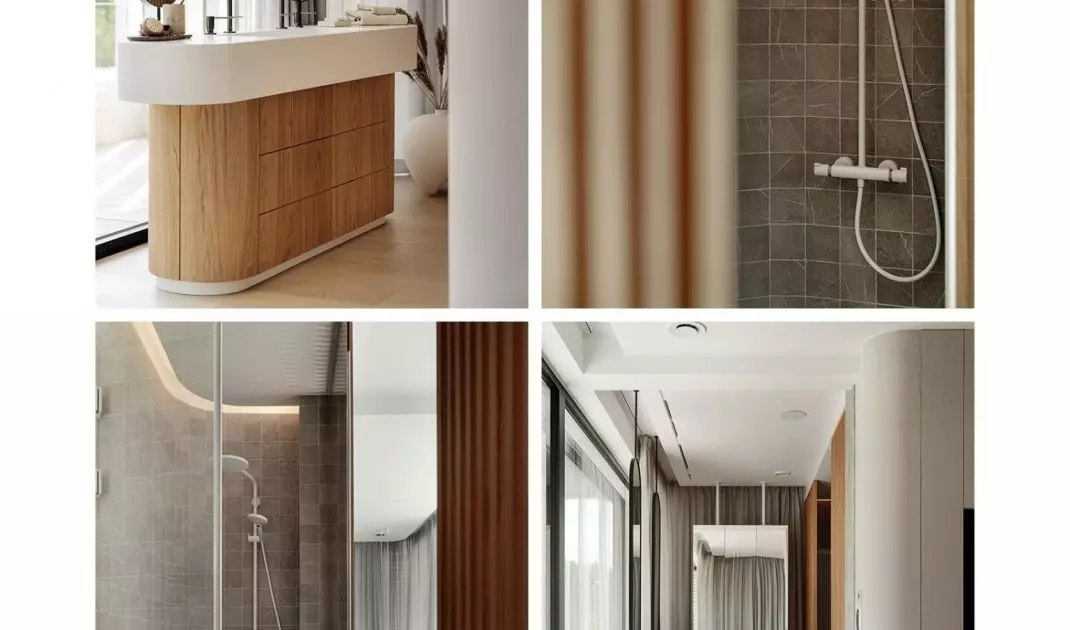 The arrangement of the bathroom adjacent to the bedroom is a consistent stylistic continuation of the interior