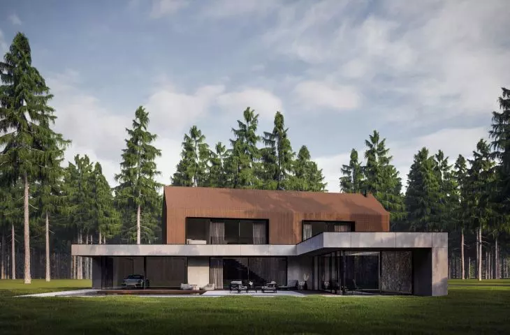 Huge glazing opens the house to the outdoors and provides spectacular views of the forest