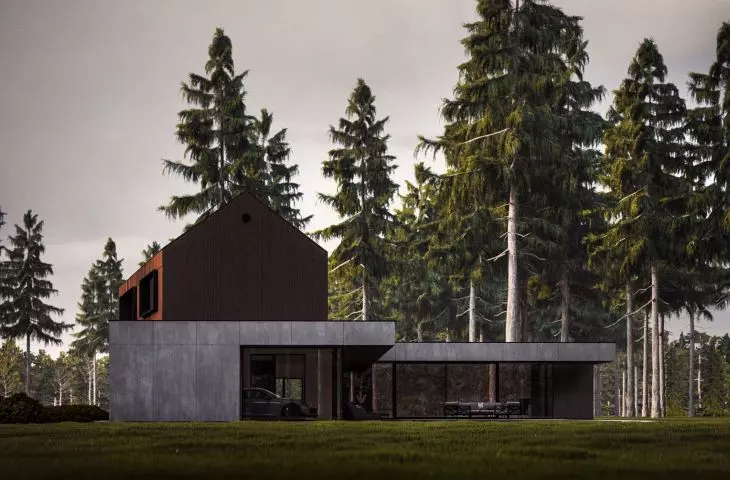 Finished with natural materials, the block emphasizes the house's connection to nature