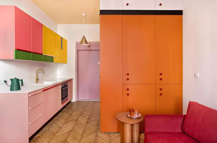 The closet hides the entrance to the bathroom