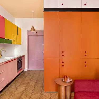 The closet hides the entrance to the bathroom