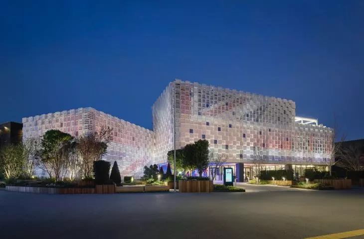 UK pavilion at Expo 2025 in Osaka - view of the pavilion at night