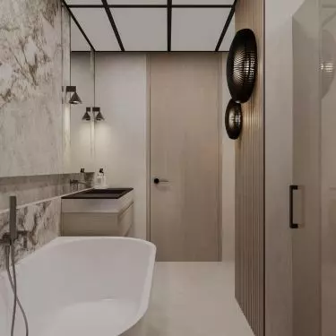 The large bathroom has a bathtub, while the smaller one contains a shower 