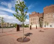 A regular grove of plane trees has been planted in the entrance square, their roots fed by a specially designed brick irrigation system
