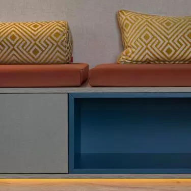 Deep blue is juxtaposed here with energetic yellow and orange