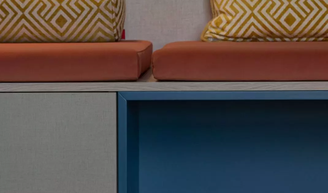 Deep blue is juxtaposed here with energetic yellow and orange