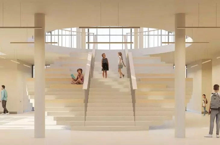 projekt odbudowy zniszczonej szkoły w Zełenym Haju, widok na klatkę schodową