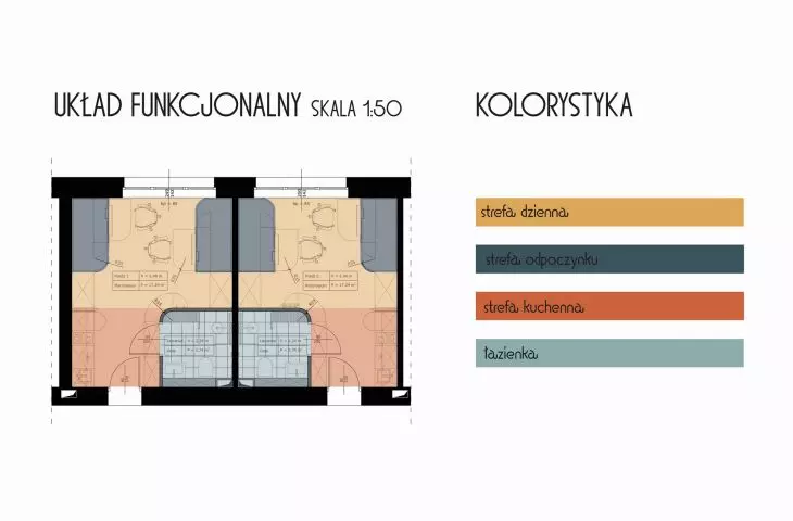Functional layout of living space with color scheme