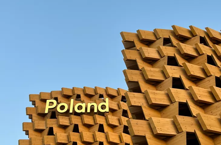 The facades of the Polish Pavilion at the World Expo 2025 in Osaka consist of wooden modules in the shape of the letter 
