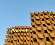 The facades of the Polish Pavilion at the World Expo 2025 in Osaka consist of wooden modules in the shape of the letter 