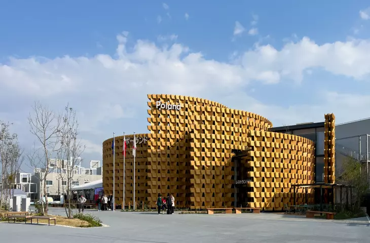 Pawilon Polski na Wystawie Światowej Expo 2025 Osaka, Kansai — elewacja została wykonana z drewna  