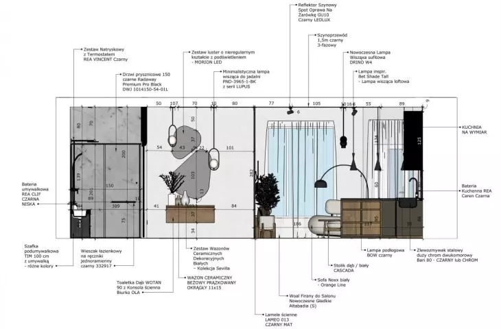 cross-section - bathroom, hall, living room with kitchen