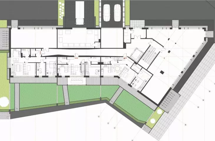 first floor plan with landscaping