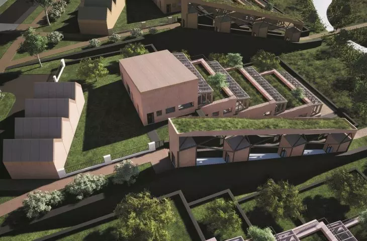 rząd segmentów tarasowych jednorodzinnych wraz z garażami i windą terenową