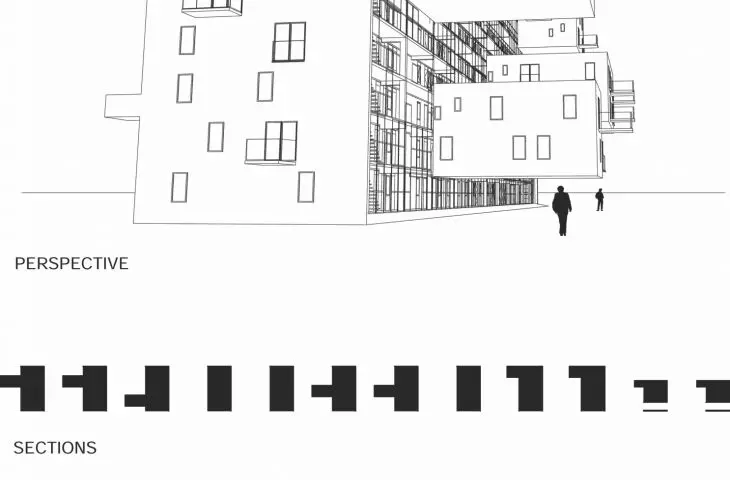 Budynek mieszkaniowy WoZoCo w Amsterdamie – schemat perspektywy, przekrojów i planów 