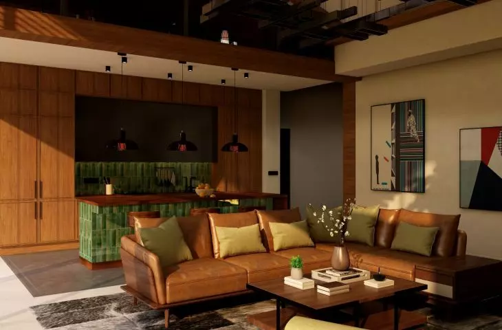 Mid-century modern style kitchen with glazed tiles and wooden cabinetry - elegance and functionality in one