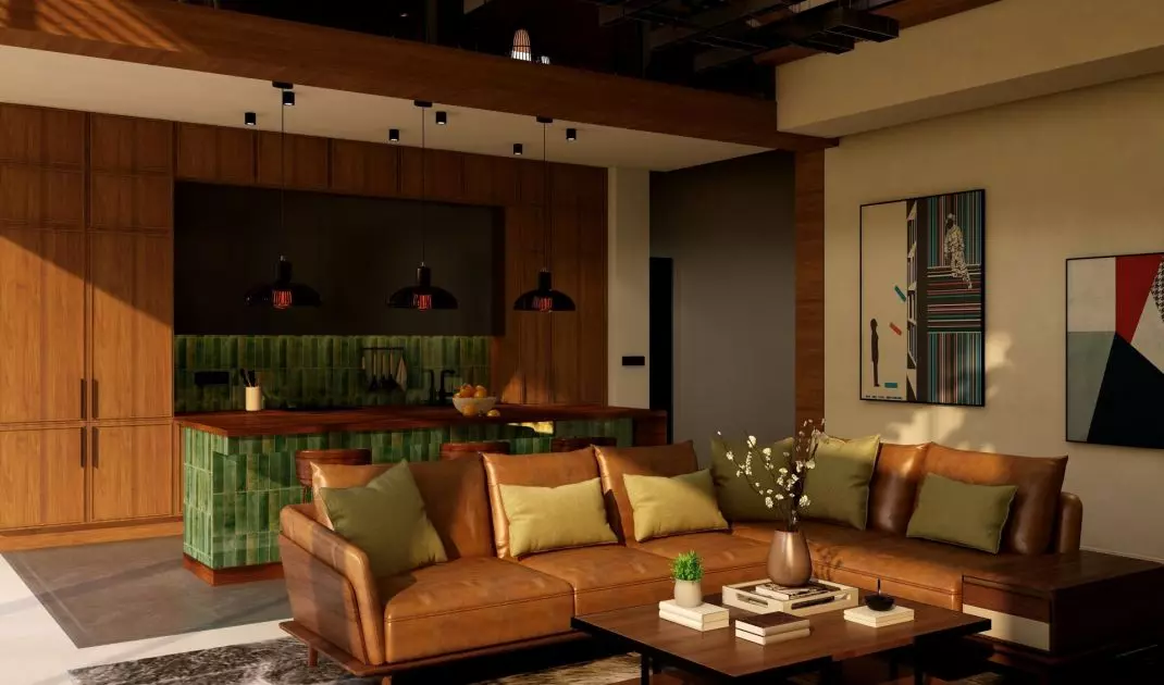 Mid-century modern style kitchen with glazed tiles and wooden cabinetry - elegance and functionality in one